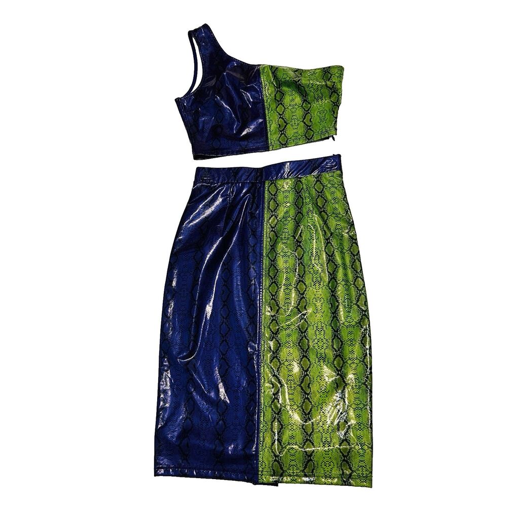 #8098 K TOO Y2K 2 PIECE TOP AND SKIRT VINYL SET SNAKE PRINT GREEN PURPLE SIZE S